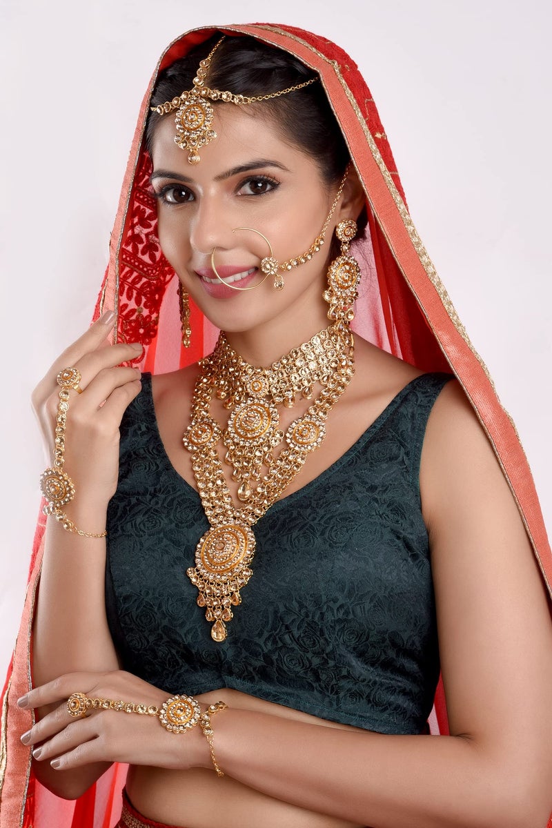 Efulgenz Indian Bridal Jewelry Indian Wedding Jewelry Sets for Women Bridal Bollywood Rhinestone Necklace Earrings Maang Tikka Head Chain Nose Ring Bracelet Jewelry Set - Image 3